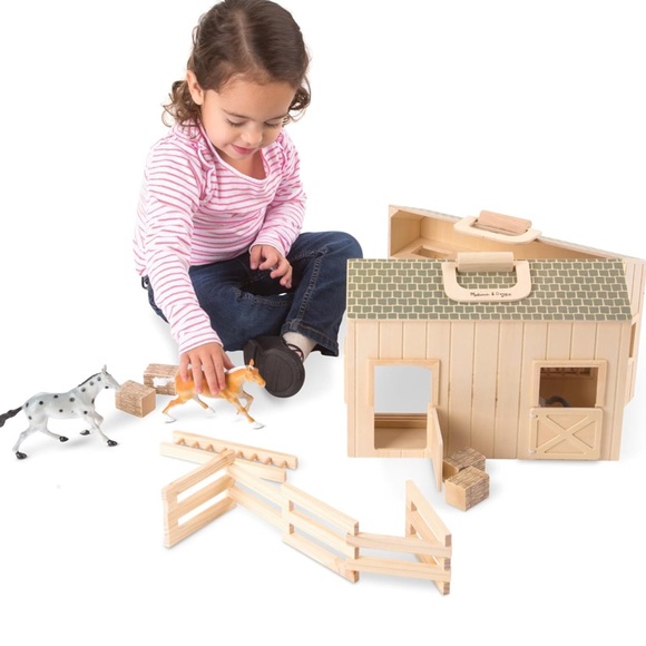 Melissa & Doug Fold and Go Wooden Horse Stable Dollhouse w Handle, Toy Horses - Picture 3 of 11